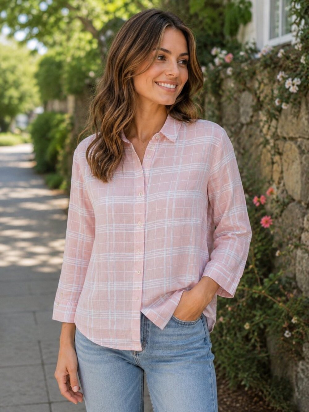 Banana Republic Cotton Light Peach Plaid Casual Summer Button-Down Shirt Top